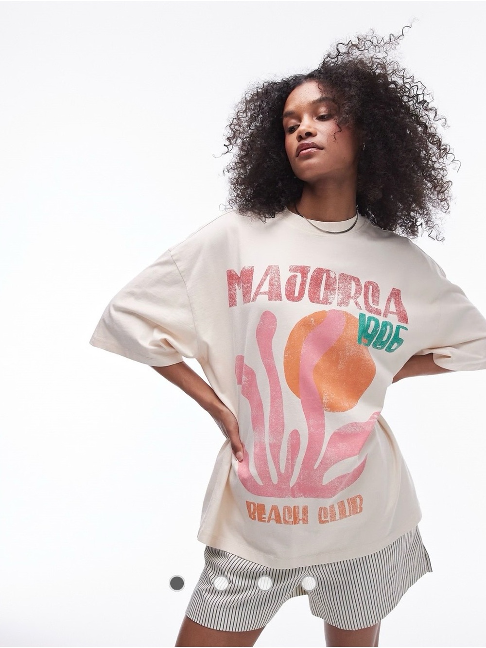 Topshop Cream Graphic 'Majorca' Short Sleeve Tee with Pink, Orange & Teal Print